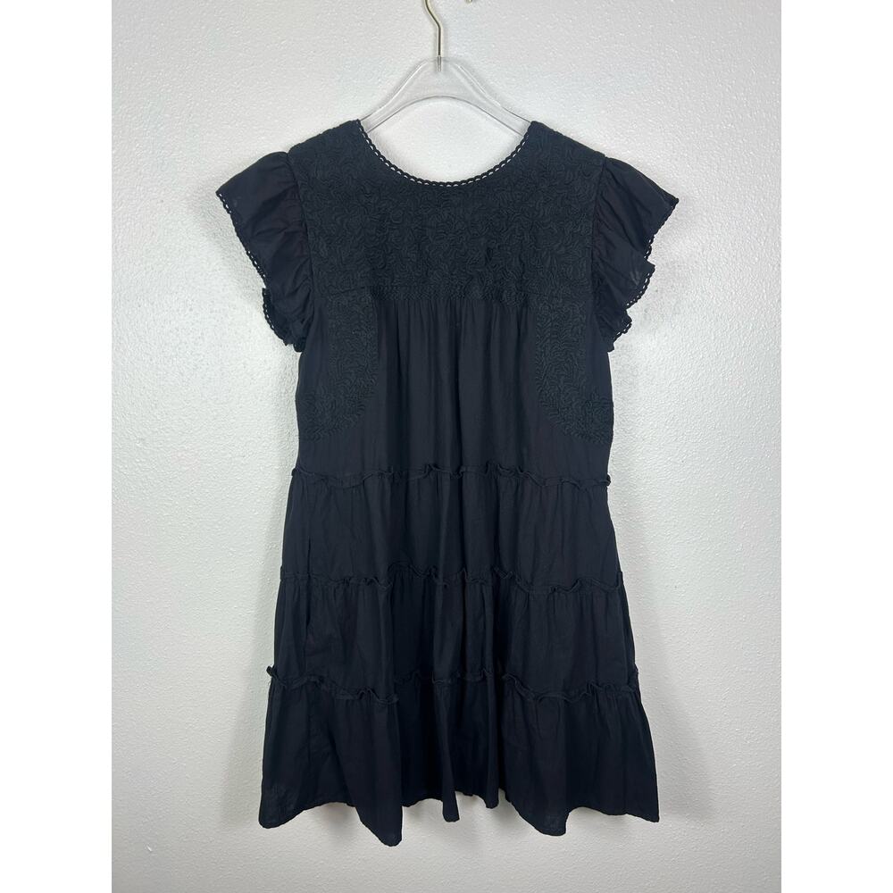 J. Marie Zara Embroidered Ruffle Cap Sleeve Tiered Mini Dress Black Medium - Picture 9 of 9